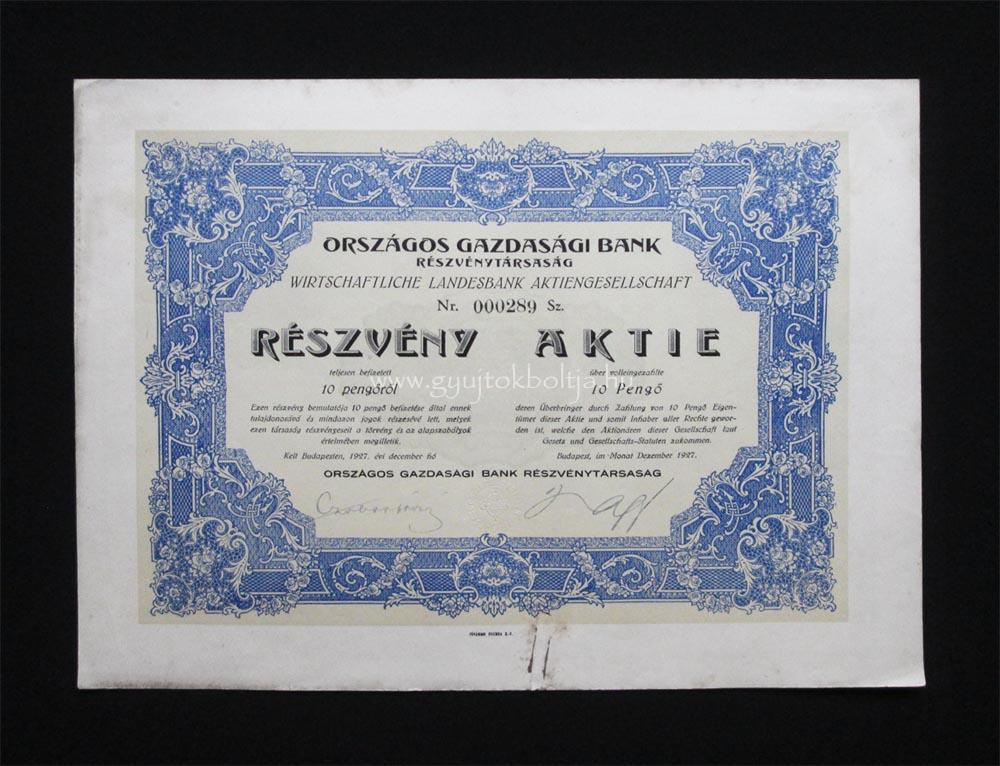 Országos Gazdasági Bank részvény 10 pengő 1927